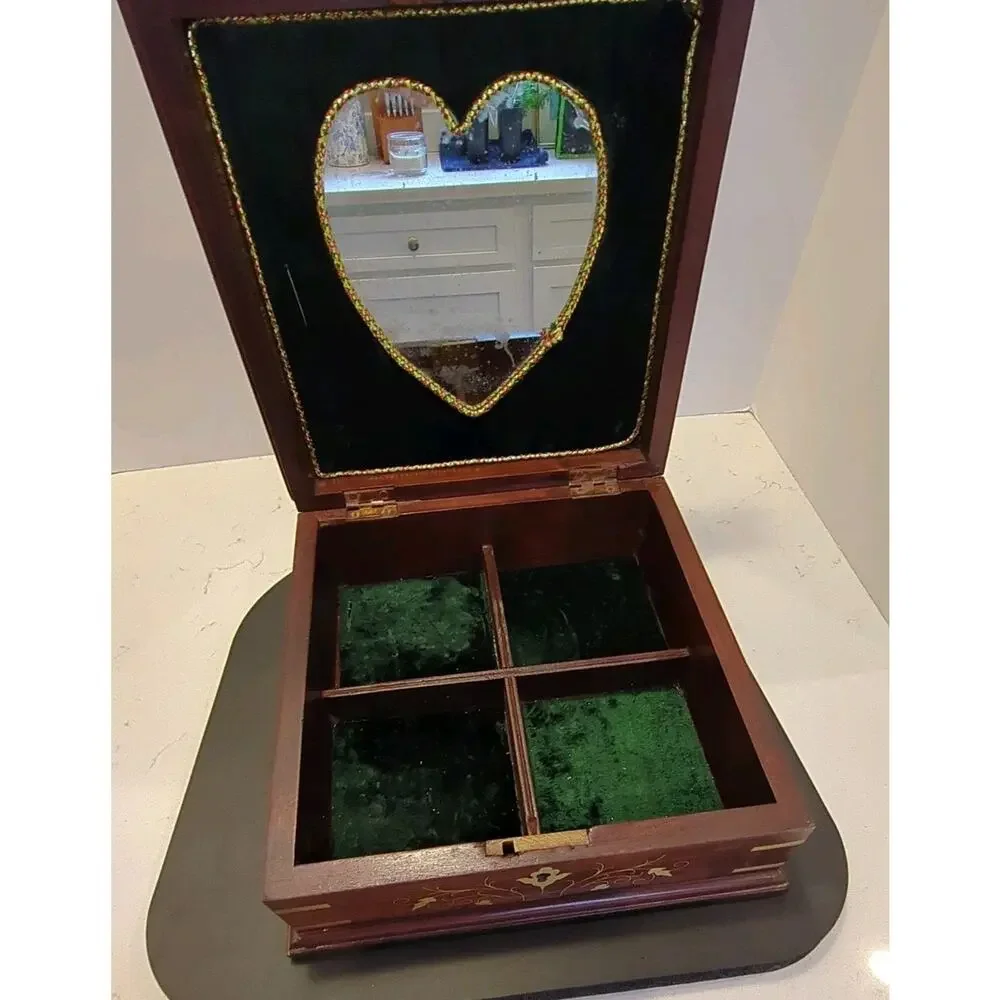 Large Vintage Inlaid Wood Jewelry Chest 10x10 Two-Tier Heart Mirror 9-Comp